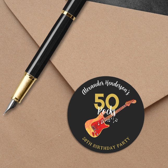 Rock and Roll 50th Birthday Party Classic Round Sticker (50 Rocks cool 50th birthday party sticker with funky flame guitar personalized name gold and black )