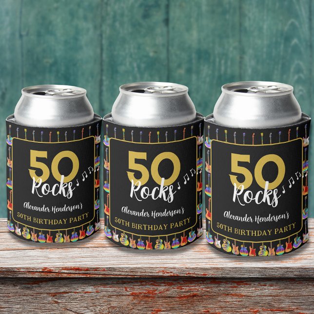 Rock and Roll 50th Birthday Party Custom Can Cooler (Rock and roll custom 50th birthday party can cooler)