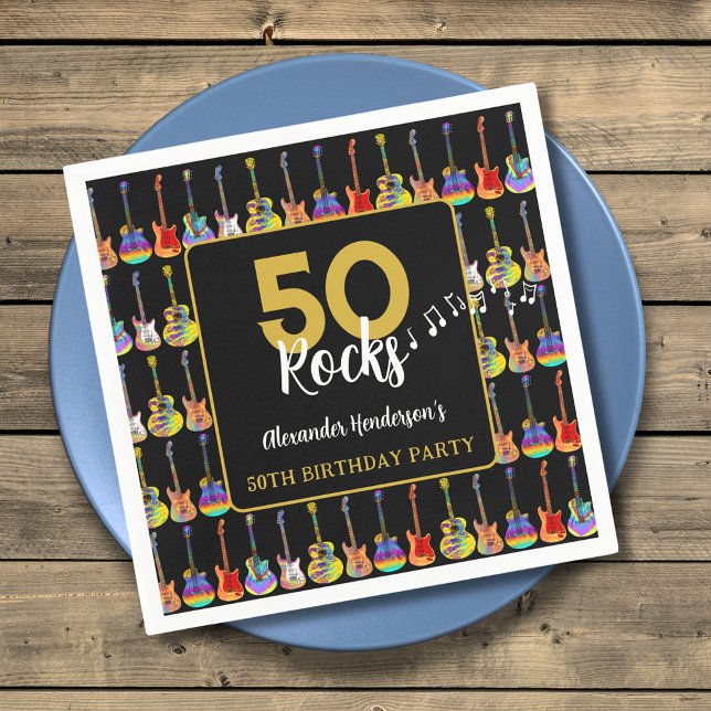 Rock and Roll 50th Birthday Party Custom Napkins (Rock and roll 50th birthday party custom napkins with black and gold typography )