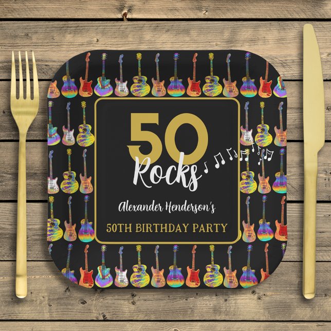 Rock and Roll 50th Birthday Party Custom Paper Plates (Guitar 50th birthday party custom black and gold paper plates)