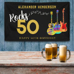 Rock and Roll 50th Birthday Party for him Banner<br><div class="desc">50 Rocks 50th birthday party guitar music personalized banner with three cool watercolor guitar designs on black background. An electric guitar with Fire flame pattern and red pick guard, a multicolored semi acoustic guitar and a psychedelic classic acoustic guitar art illustration with personalized black and gold modern cool typography. This...</div>