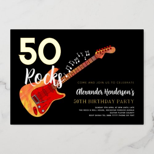 Rock and Roll 50th Birthday Party Gold Foil Invitation