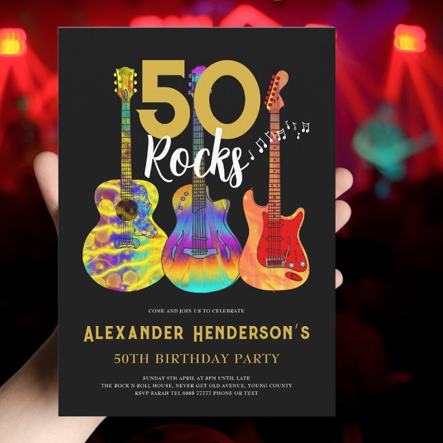 Rock and Roll 50th Birthday Party Invitation (50 Rocks birthday party invitation funky psychedelic guitar cool gold and black rockstar theme)