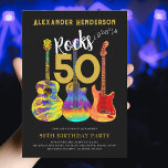 Rock and Roll 50th Birthday Party Invitation<br><div class="desc">Rock and roll 50th birthday party invitation funky psychedelic guitars and cool gold typography 50 Rocks on black theme. Colorful electric guitar with Fire flame pattern and red pick guard, a multicolored semi acoustic guitar and a psychedelic classic acoustic guitar art illustration with personalized black and gold modern cool typography....</div>
