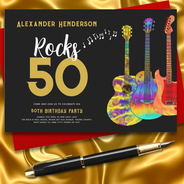 Rock and Roll 50th Birthday Party Music Guitar Invitation (Rock and roll black and gold 50th birthday party invitation with funky colorful guitars and music)
