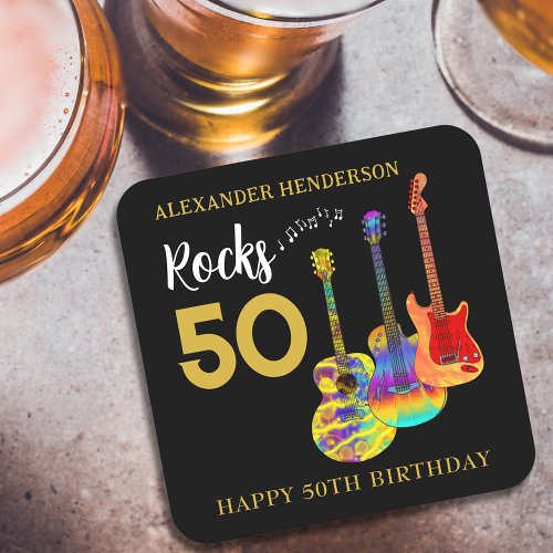 Rock and Roll 50th Birthday Party Name Square Paper Coaster