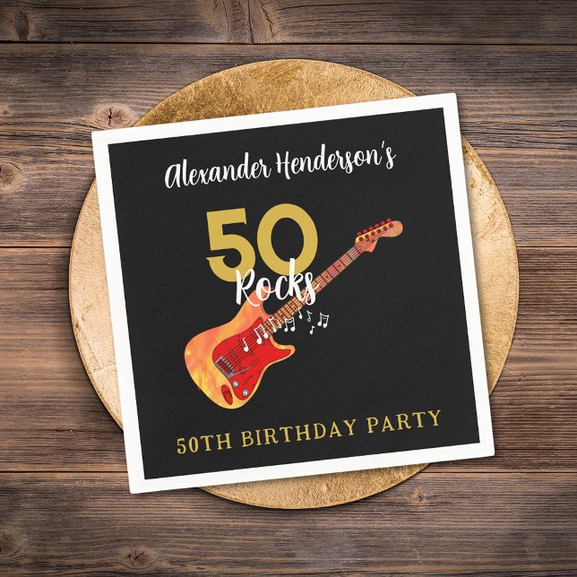 Rock and Roll 50th Birthday Party Napkins (50 Rocks Cool Guitar black and gold 50th birthday party personalized napkin)