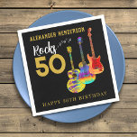 Rock and Roll 50th Birthday Party Napkins<br><div class="desc">Rock and roll 50th birthday party napkins with three cool funky guitars cool Gold typography on a black background. 50 rocks for your rockstar husband, dad, brother, boyfriend or partner with electric guitar with Fire flame pattern and red pick guard, multicolored semi acoustic guitar and psychedelic classic acoustic guitar. Easy...</div>