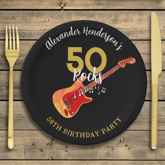 Rock and Roll 50th Birthday Party Paper Plates (50 Rocks cool guitar 50th birthday party paper plate personalized in gold and black)