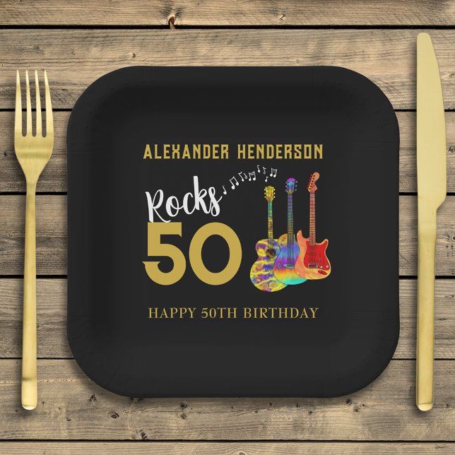 Rock and Roll 50th Birthday Party  Paper Plates (Rock and roll 50th birthday party paper plates personalized for him cool funky guitars gold & black)