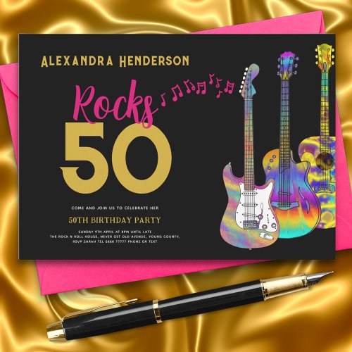 Rock and Roll 50th Birthday Party Pink Black Gold Invitation