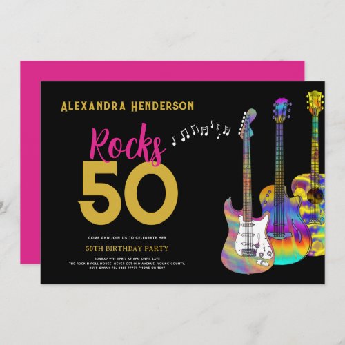 Rock and Roll 50th Birthday Party Pink Gold Invitation