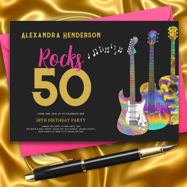 Rock and Roll 50th Birthday Party Pink Gold Invitation (Rock and roll 50th birthday party black pink and gold invitation )