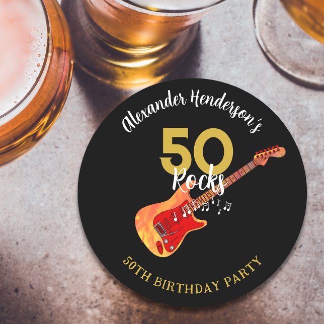 Rock and Roll 50th Birthday Party Round Paper Coaster (50 Rocks cool guitar 50th birthday party paper coaster gold and black personalized for him)