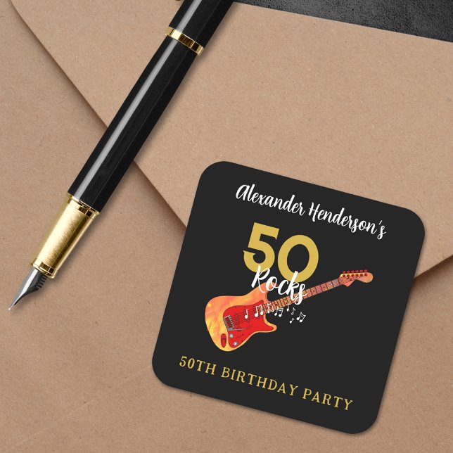 Rock and Roll 50th Birthday Party Square Sticker (50 Rocks cool guitar 50th birthday party sticker black and gold personalized for him)
