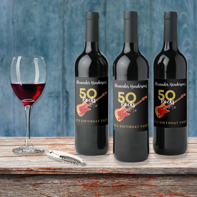 Rock and Roll 50th Birthday Party Wine Label (50 rocks cool flame guitar 50th birthday party personalized wine labels gold and black)