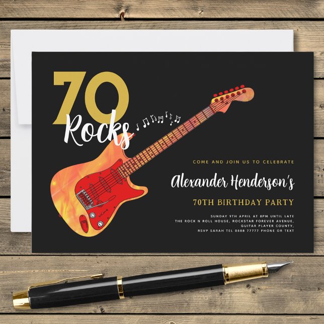Rock and Roll 70th birthday party 70 rocks Invitation (Rock and roll 70th birthday party black and gold invitation with fire electric guitar music)