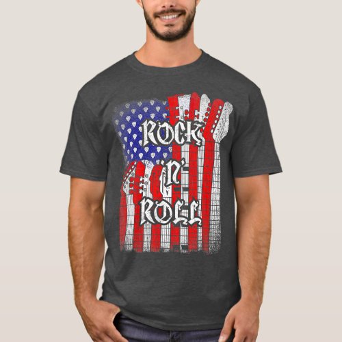 Rock And Roll American Flag Guitar  Independence D T_Shirt