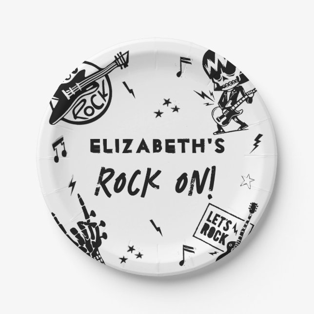 Rock and Roll Black & White Birthday Party Paper Plates (Front)