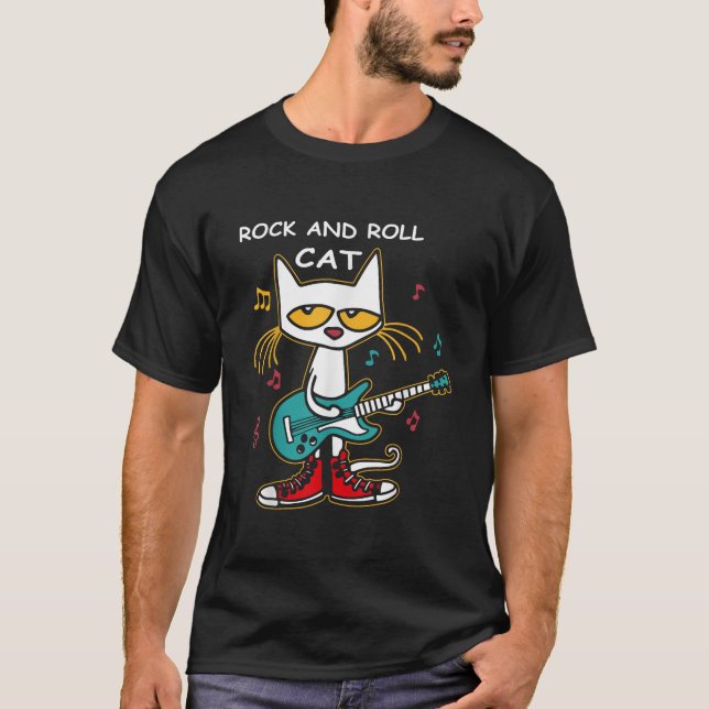Rock And Roll Cat Playing Guitar Funny Guitar Cat  T-Shirt (Front)