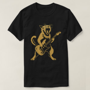 Rock and Roll Cat Playing Guitar Funny Music Art T-Shirt
