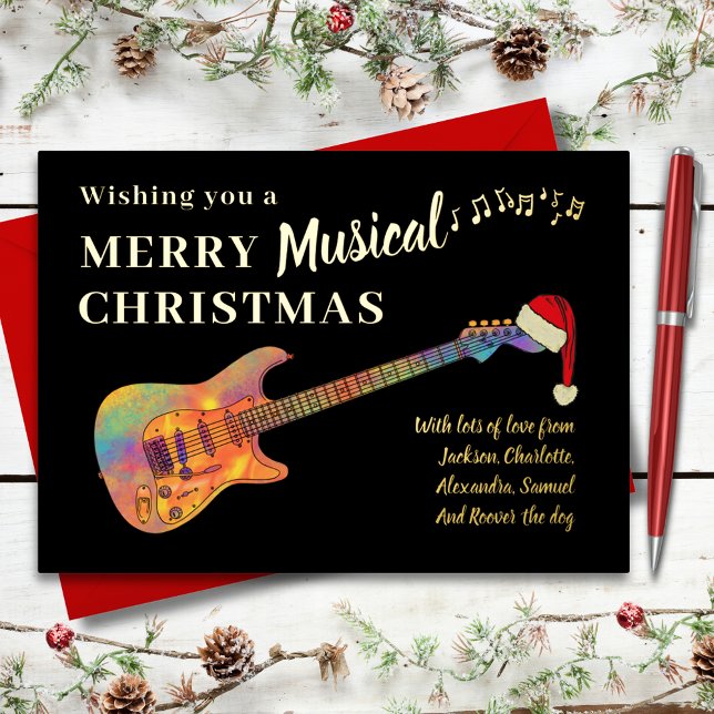 Rock and Roll Christmas Guitar Black and Gold Foil Holiday Card (Rock and roll christmas funky guitar black and gold foil custom holiday greetings card)