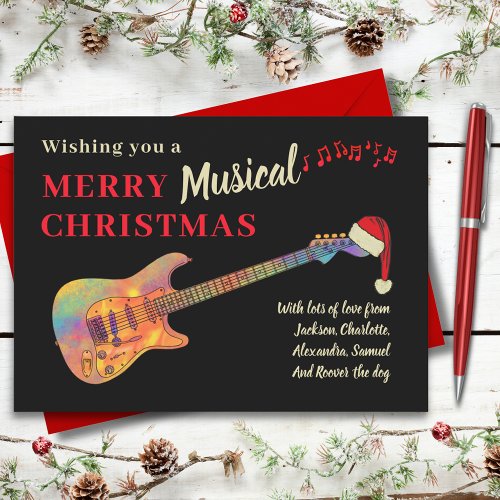 Rock and Roll Christmas Guitar Wearing a Santa Hat Holiday Card