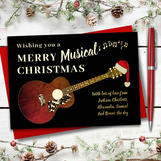 Rock and Roll Christmas Rustic Guitar Gold Foil Holiday Card (Rock and roll Christmas rustic guitar black and gold foil music themed custom holiday greetings card)