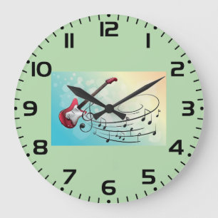 Rock and Roll Electric Guitar Swirling Music Notes Large Clock