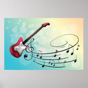 Rock and Roll Electric Guitar Swirling Music Notes Poster