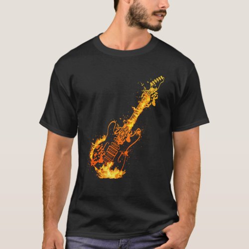 Rock and Roll Flames Burning Guitar T_Shirt