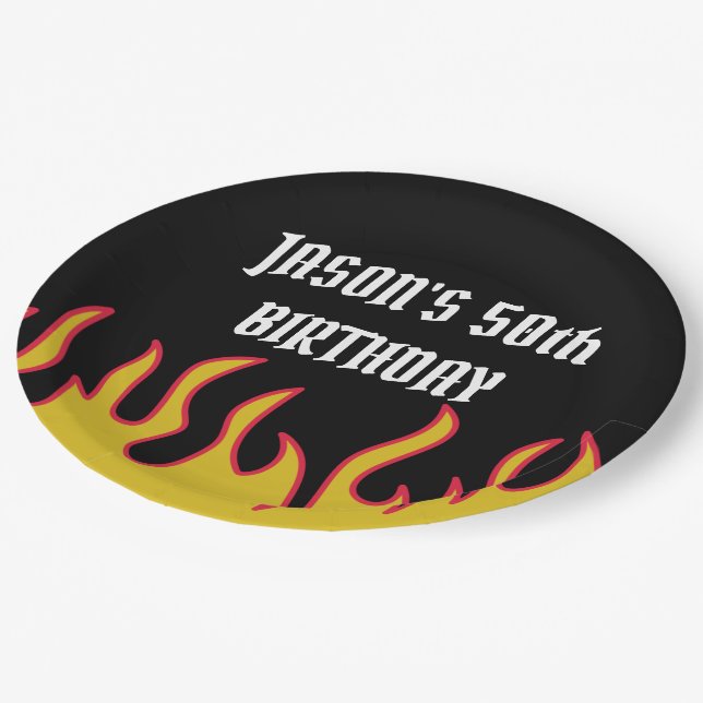 Rock and Roll Flames Custom Message Party Paper Plates (Angled)