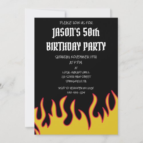 Rock and Roll Flames Mens Birthday Party Invitation