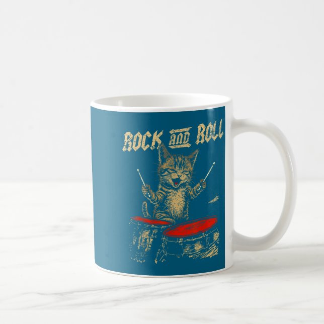 Rock And Roll Funny Cat Playing Drum For Men Women Coffee Mug (Right)