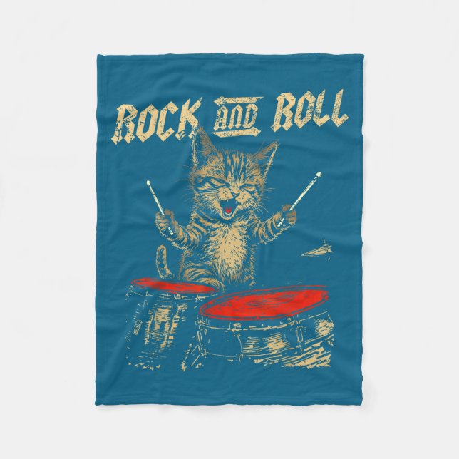 Rock And Roll Funny Cat Playing Drum For Men Women Fleece Blanket (Front)