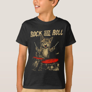 Rock And Roll Funny Cat Playing Drum For Men Women T-Shirt