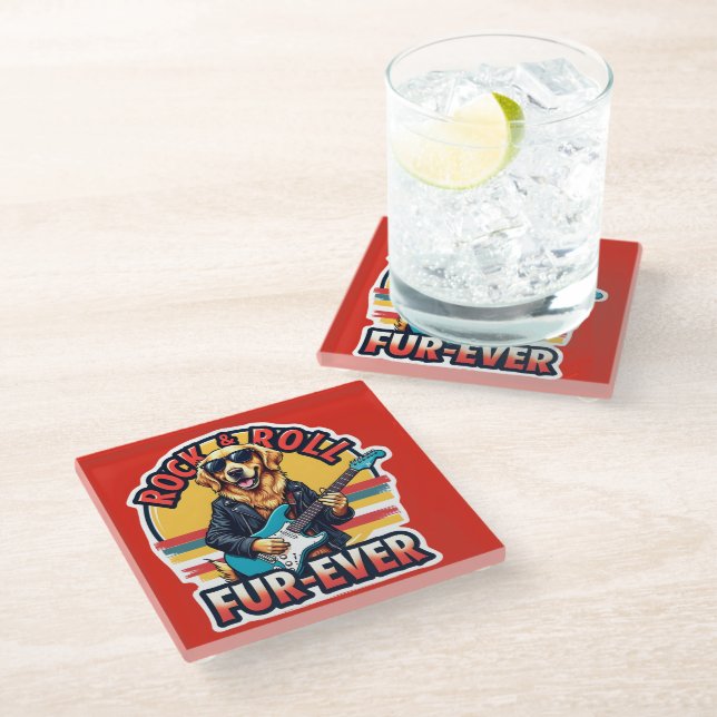 Rock and Roll Fur-Ever Golden Retriever Dog  Glass Coaster (Angled)