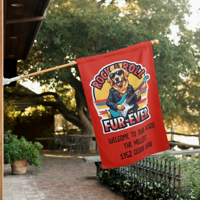 Rock and Roll Fur-Ever Golden Retriever Dog  House Flag (In SItu)