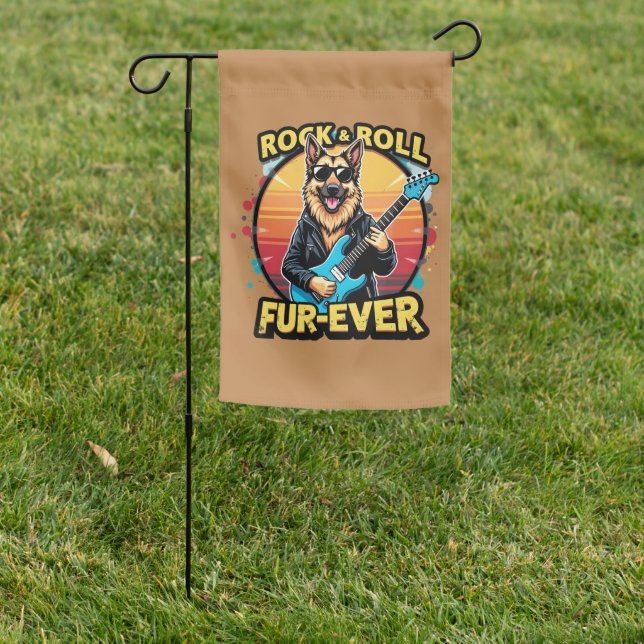 Rock and Roll German Shepherd Retro Sunset Art Garden Flag (In SItu)