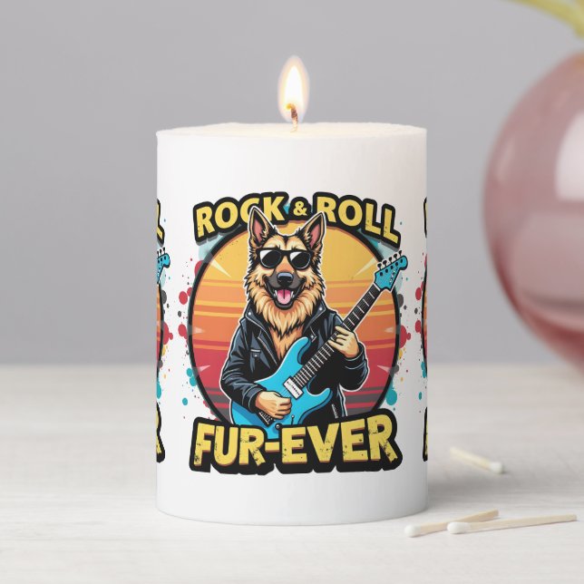 Rock and Roll German Shepherd Retro Sunset Art Pillar Candle (In Situ)