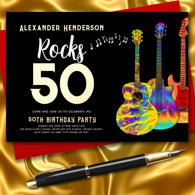 Rock and Roll Guitar 50th Birthday Gold Foil Invitation (Rock and roll 50th birthday invitation black and gold foil rocks 50 colorful guitar and music)