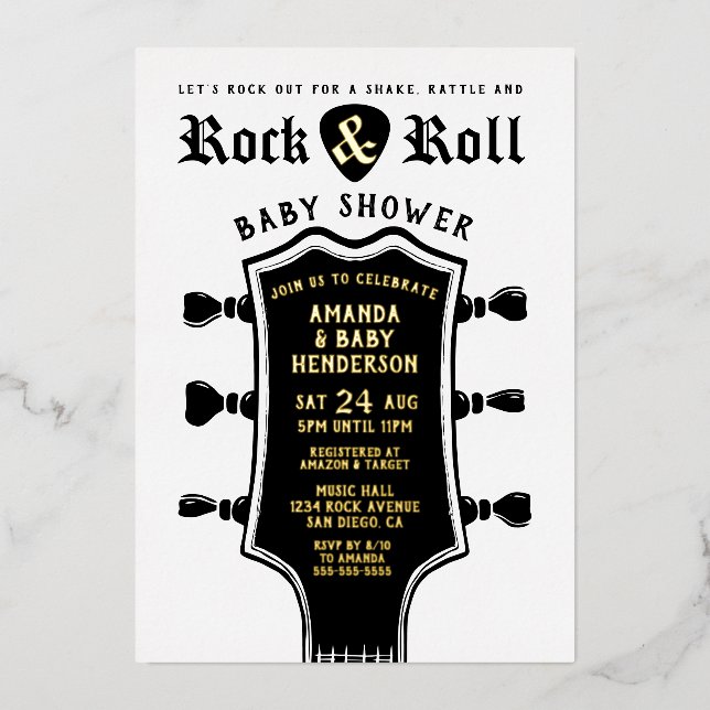 Rock and Roll Guitar Baby Shower Foil Invitation (Front)