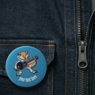 Rock and Roll Guitar Owl in Jumpsuit Cartoon Button