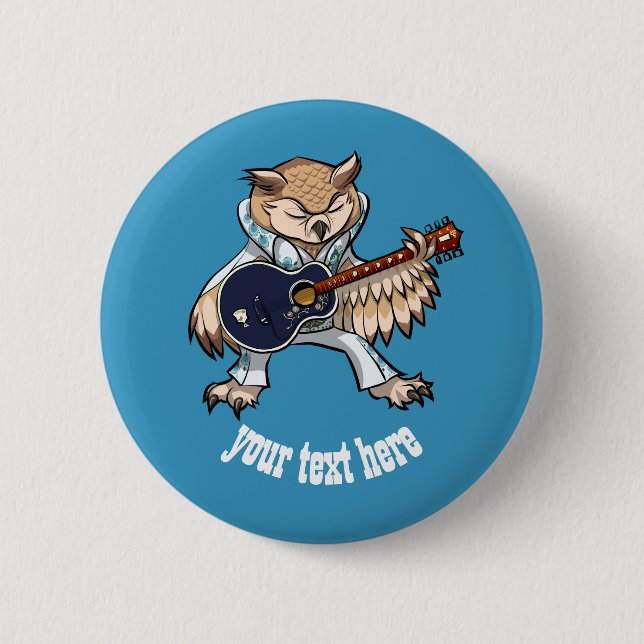 Rock and Roll Guitar Owl in Jumpsuit Cartoon Button (Front)