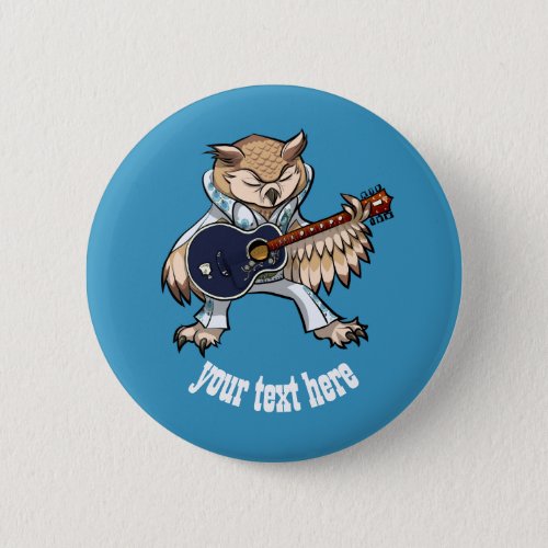 Rock and Roll Guitar Owl in Jumpsuit Cartoon Button