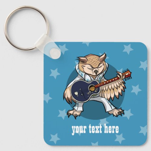 Rock and Roll Guitar Owl in Jumpsuit Cartoon Keychain