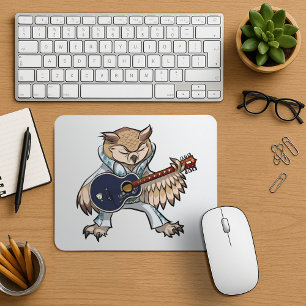 Rock and Roll Guitar Owl in Jumpsuit Cartoon Mouse Pad