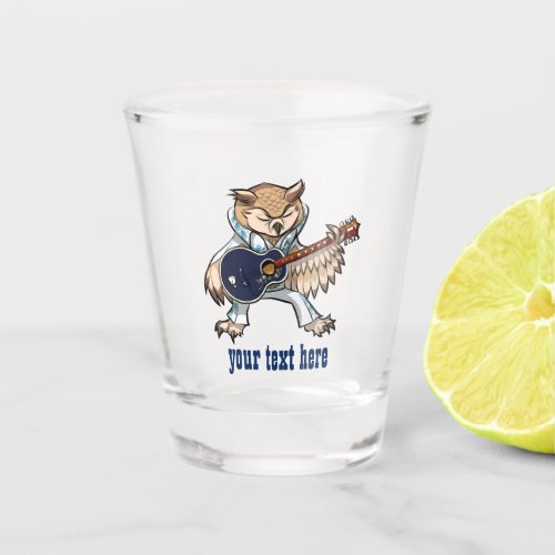 Rock and Roll Guitar Owl in Jumpsuit Cartoon Shot Glass