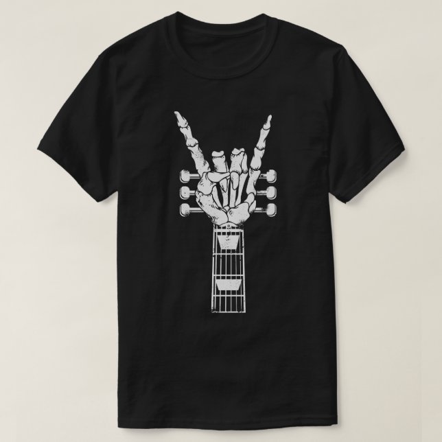 Rock and Roll Hand Sign Skeleton Guitar Rock Music T-Shirt (Design Front)