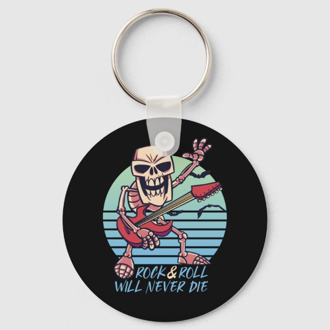 Rock and Roll Never Die Retro Rockstar Halloween Keychain (Front)